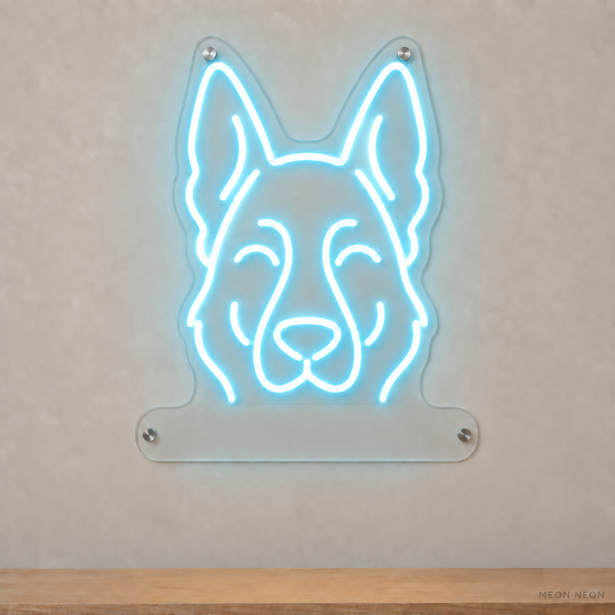 MEON NEON-watermarked concept mockup of a Ice Blue German Shepherd Dog head LED neon sign with a blank acrylic area for a UV-printed breed caption or dog name.