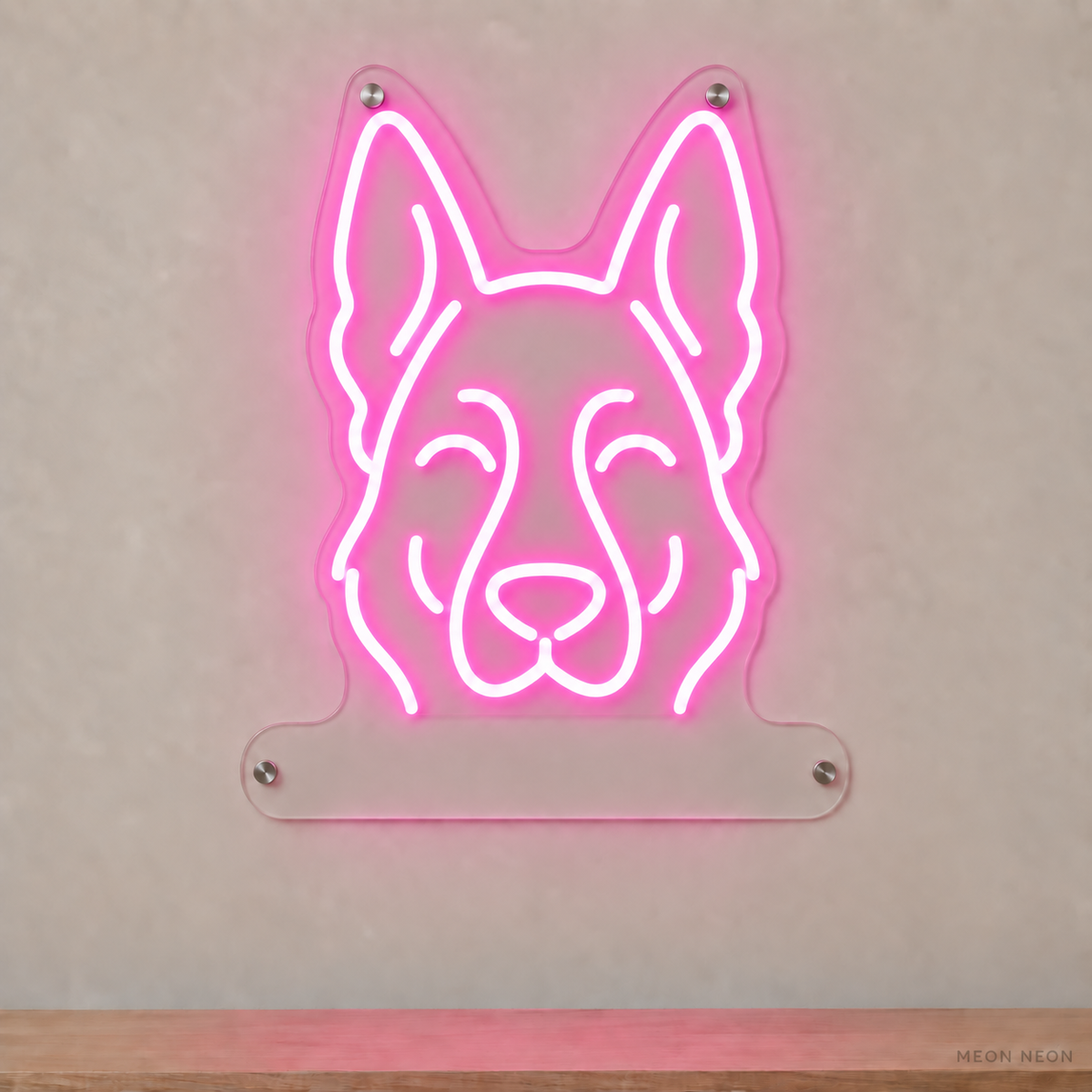 MEON NEON-watermarked concept mockup of a Pink German Shepherd Dog head LED neon sign with a blank acrylic area for a UV-printed breed caption or dog name.