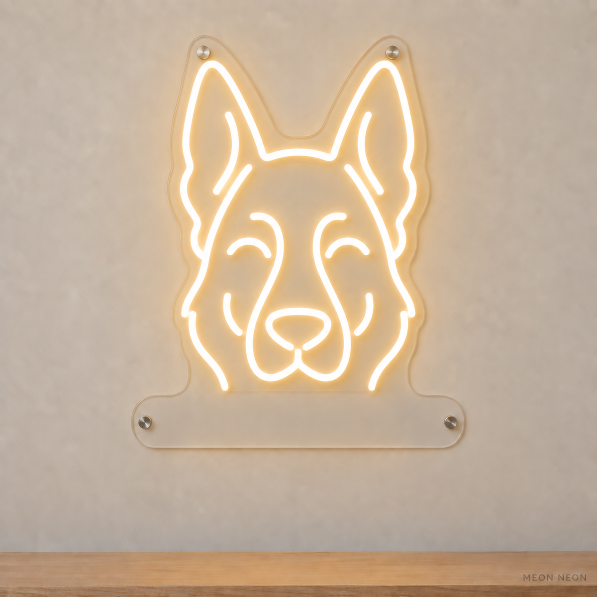 MEON NEON-watermarked concept mockup of a Warm White German Shepherd Dog head LED neon sign with a blank acrylic area for a UV-printed breed caption or dog name.