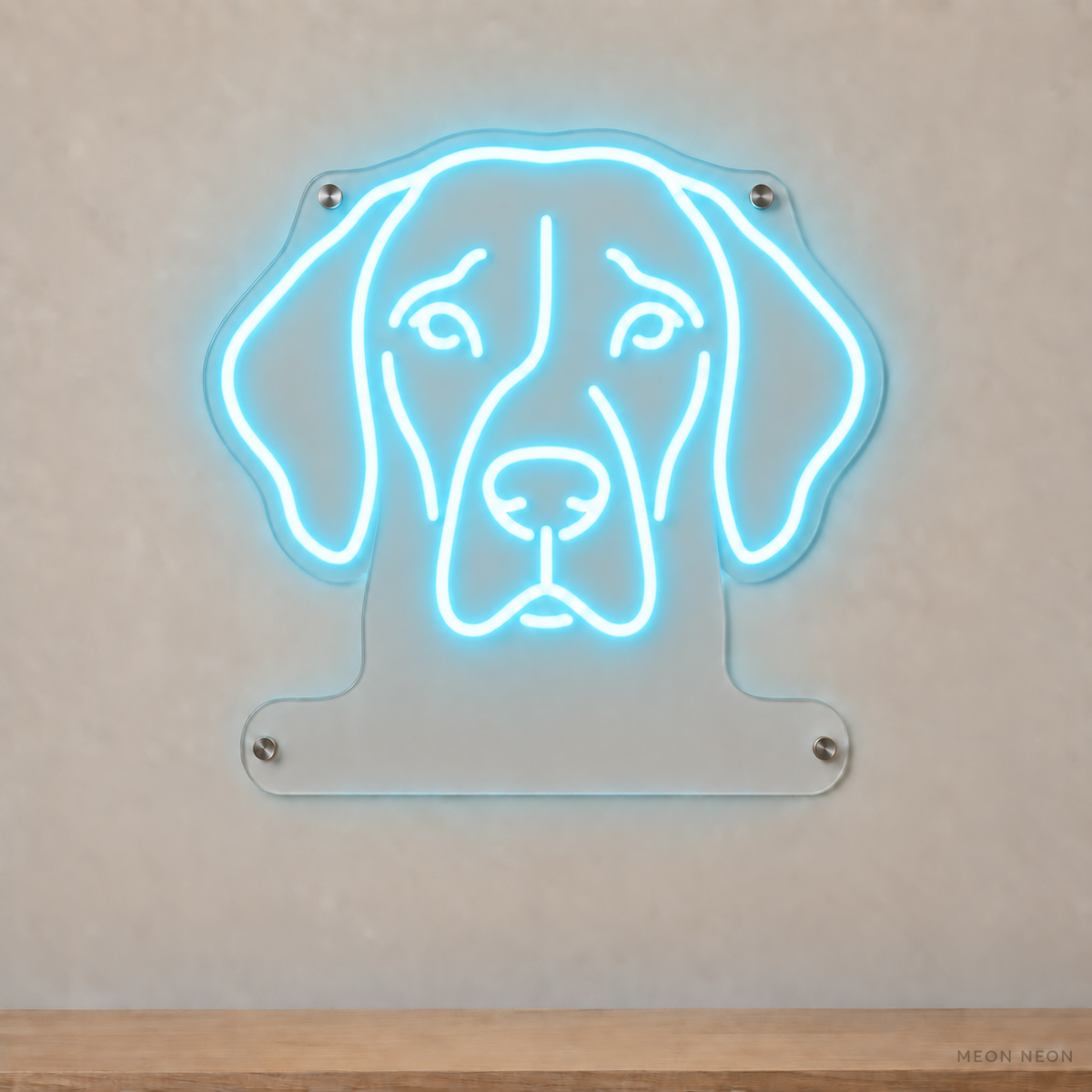 MEON NEON-watermarked concept mockup of a Ice Blue German Shorthaired Pointer head LED neon sign with a blank acrylic area for a UV-printed breed caption or dog name.