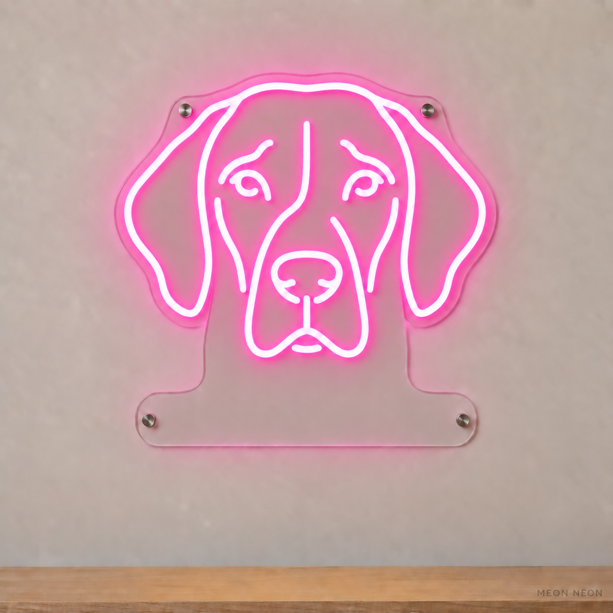 MEON NEON-watermarked concept mockup of a Pink German Shorthaired Pointer head LED neon sign with a blank acrylic area for a UV-printed breed caption or dog name.
