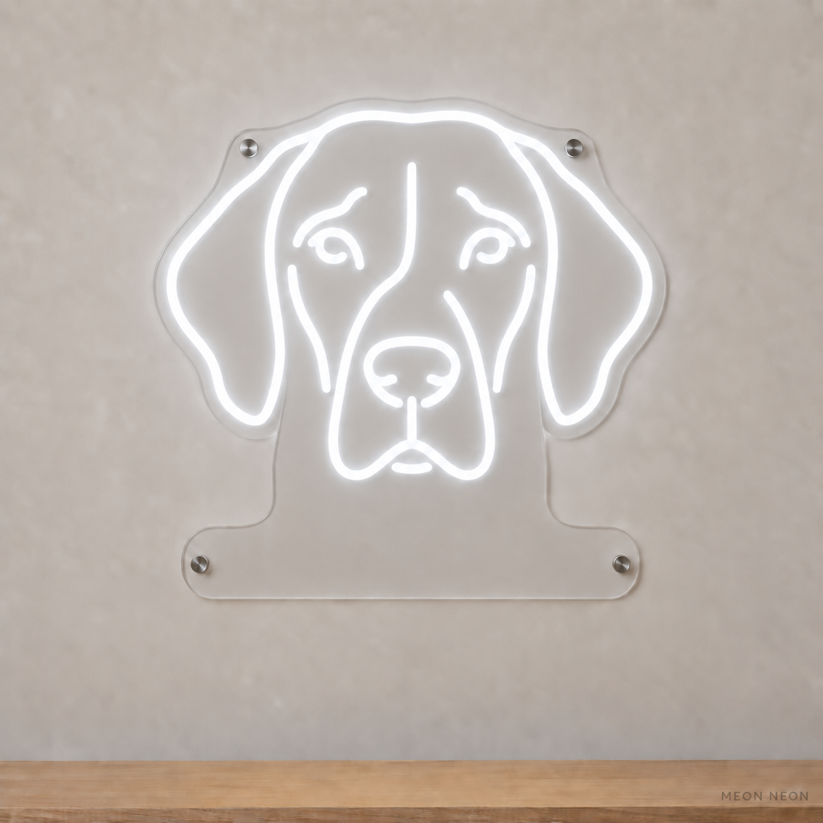 MEON NEON-watermarked concept mockup of a White German Shorthaired Pointer head LED neon sign with a blank acrylic area for a UV-printed breed caption or dog name.