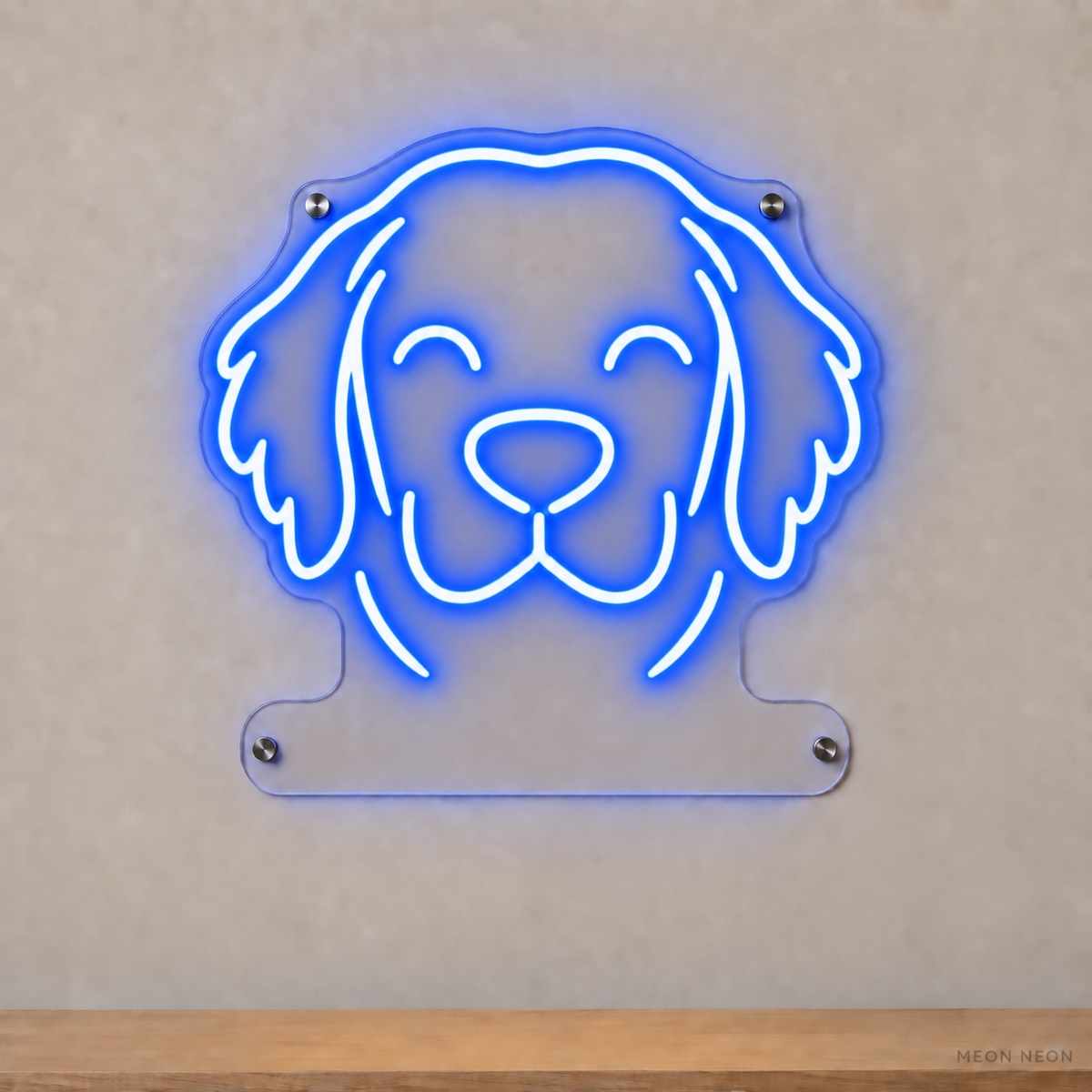MEON NEON-watermarked concept mockup of a Blue Golden Retriever head LED neon sign with a blank acrylic area for a UV-printed breed caption or dog name.
