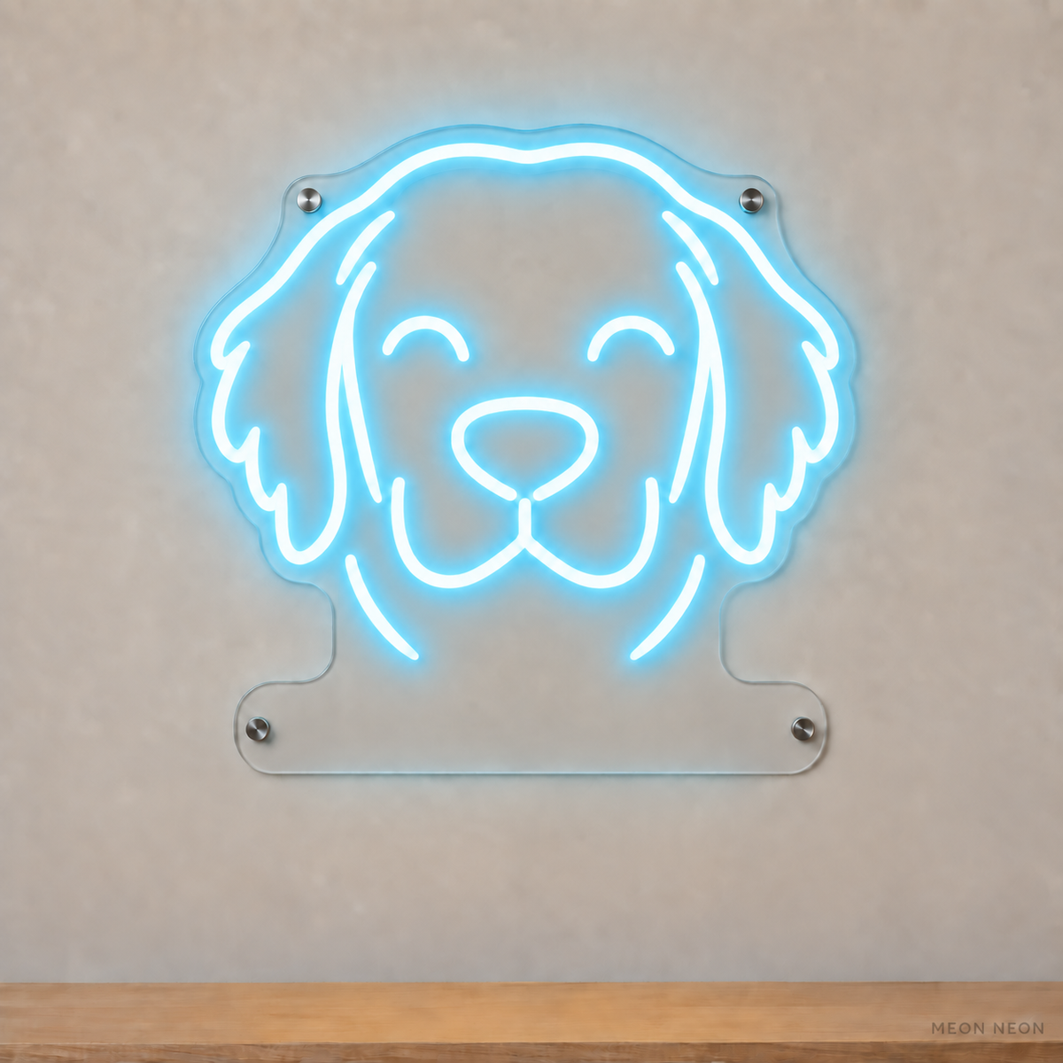 MEON NEON-watermarked concept mockup of a Ice Blue Golden Retriever head LED neon sign with a blank acrylic area for a UV-printed breed caption or dog name.