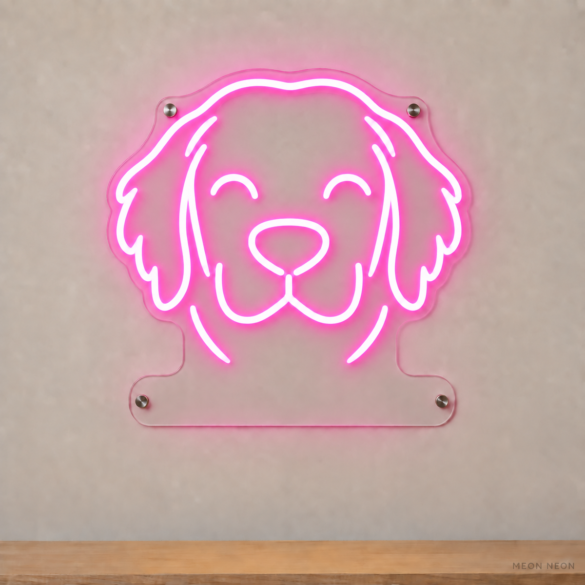 MEON NEON-watermarked concept mockup of a Pink Golden Retriever head LED neon sign with a blank acrylic area for a UV-printed breed caption or dog name.