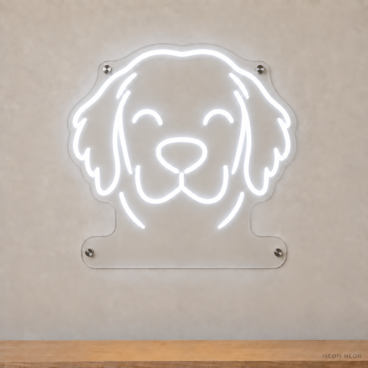 MEON NEON-watermarked concept mockup of a White Golden Retriever head LED neon sign with a blank acrylic area for a UV-printed breed caption or dog name.