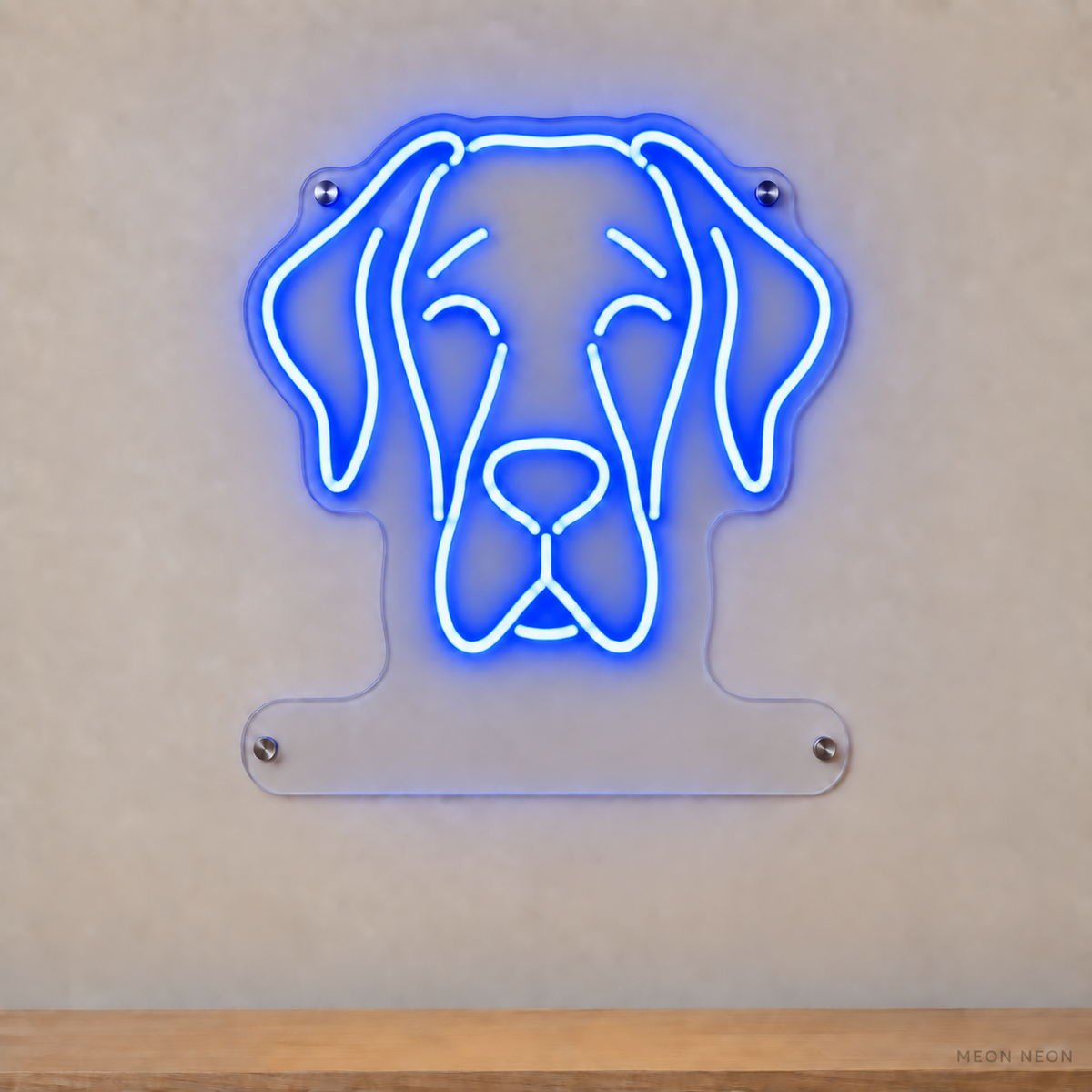 MEON NEON-watermarked concept mockup of a Blue Great Dane head LED neon sign with a blank acrylic area for a UV-printed breed caption or dog name.