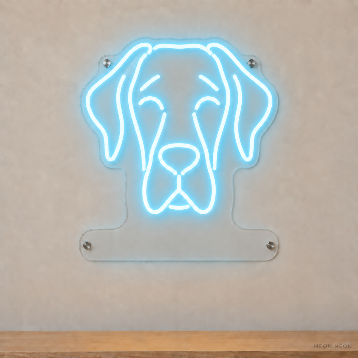 MEON NEON-watermarked concept mockup of a Ice Blue Great Dane head LED neon sign with a blank acrylic area for a UV-printed breed caption or dog name.