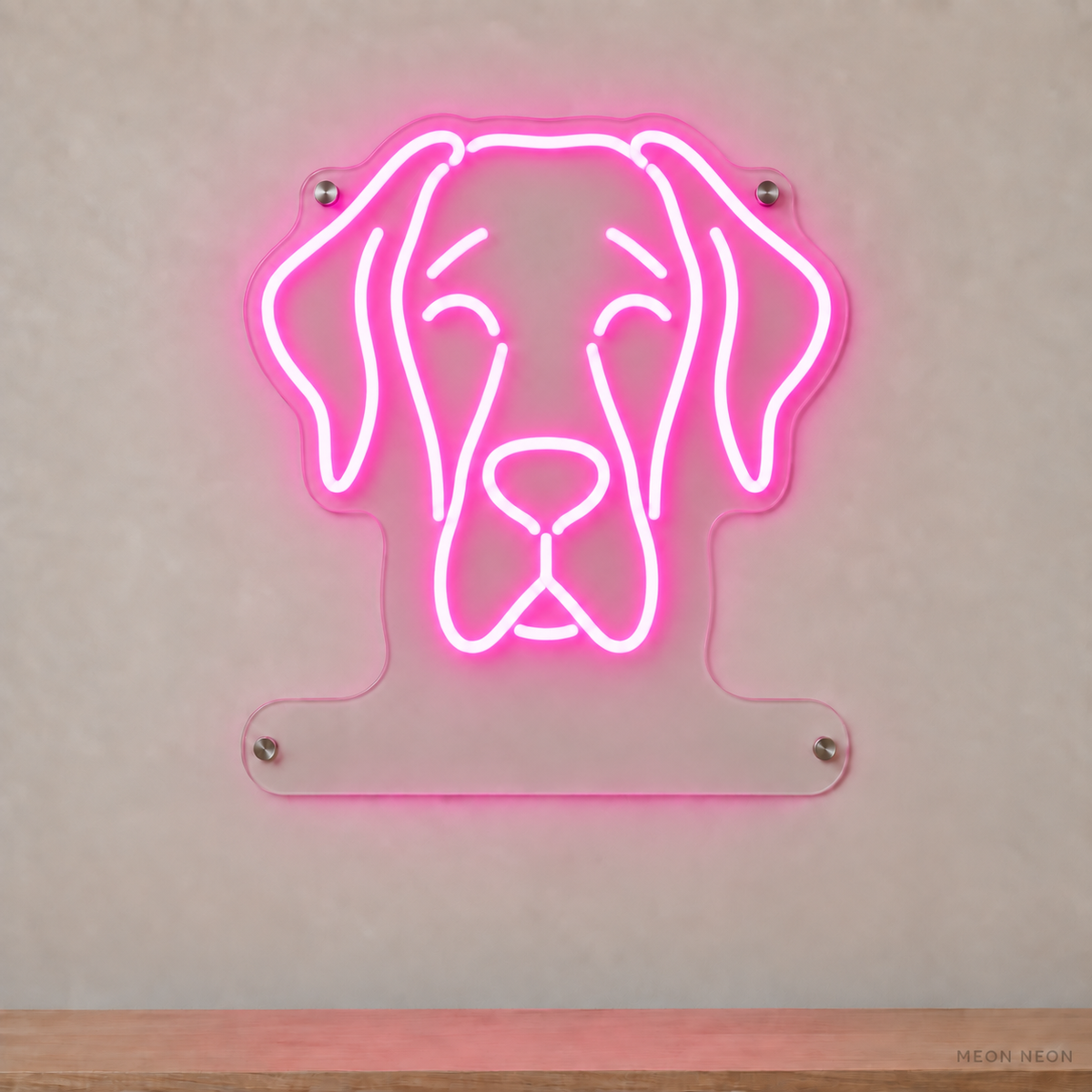 MEON NEON-watermarked concept mockup of a Pink Great Dane head LED neon sign with a blank acrylic area for a UV-printed breed caption or dog name.