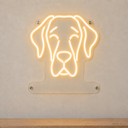 MEON NEON-watermarked concept mockup of a Warm White Great Dane head LED neon sign with a blank acrylic area for a UV-printed breed caption or dog name.