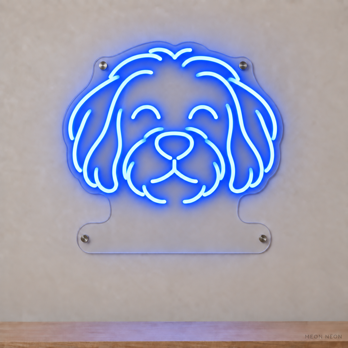 MEON NEON-watermarked concept mockup of a Blue Havanese head LED neon sign with a blank acrylic area for a UV-printed breed caption or dog name.