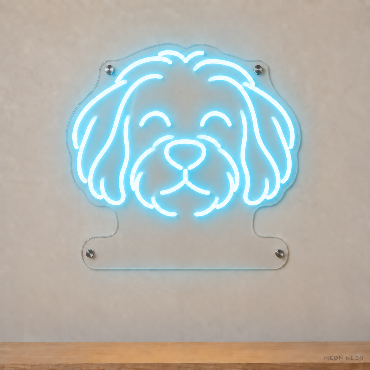 MEON NEON-watermarked concept mockup of a Ice Blue Havanese head LED neon sign with a blank acrylic area for a UV-printed breed caption or dog name.