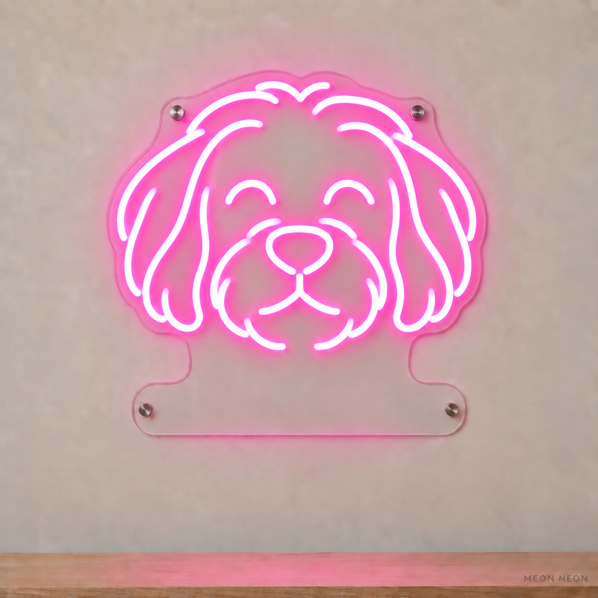 MEON NEON-watermarked concept mockup of a Pink Havanese head LED neon sign with a blank acrylic area for a UV-printed breed caption or dog name.