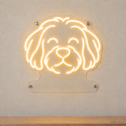 MEON NEON-watermarked concept mockup of a Warm White Havanese head LED neon sign with a blank acrylic area for a UV-printed breed caption or dog name.