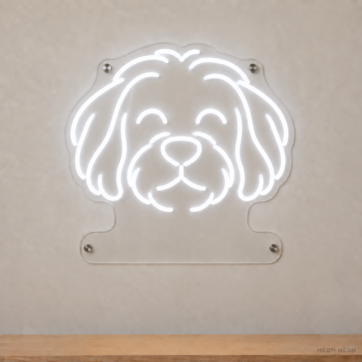 MEON NEON-watermarked concept mockup of a White Havanese head LED neon sign with a blank acrylic area for a UV-printed breed caption or dog name.