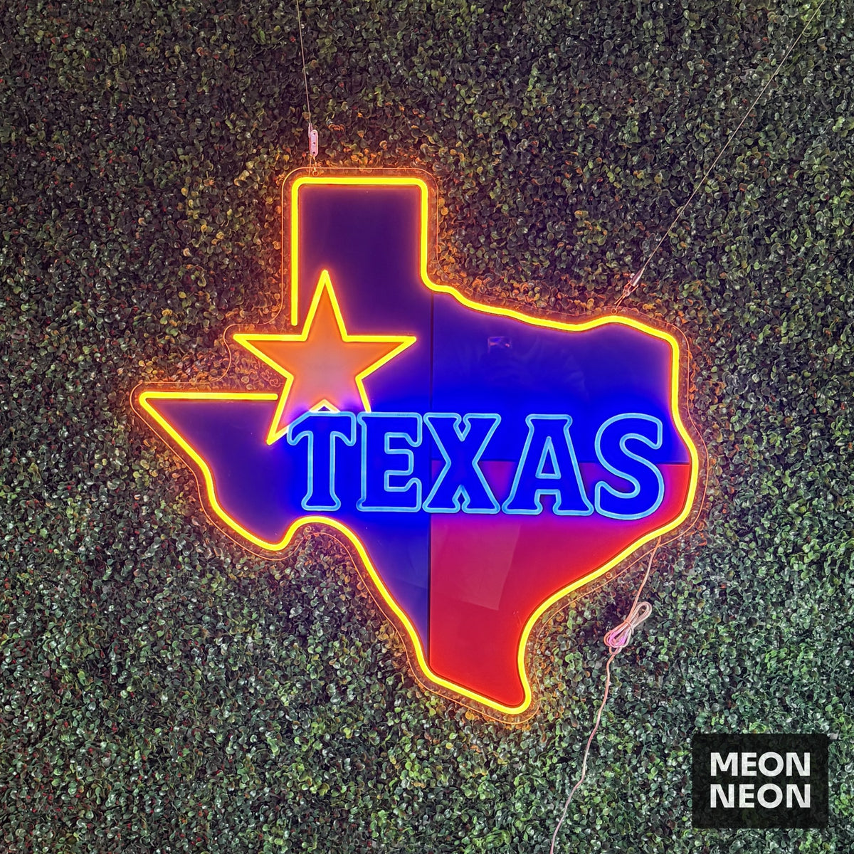 Illuminated Lone Star Texas Flag Neon Sign, real photo of a finished Meon Neon sign, lit
