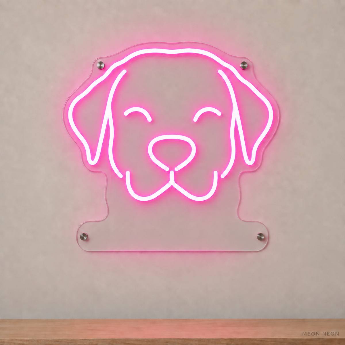 MEON NEON-watermarked concept mockup of a Pink Labrador Retriever head LED neon sign with a blank acrylic area for a UV-printed breed caption or dog name.
