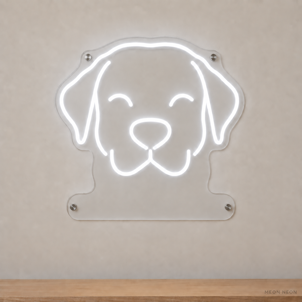 MEON NEON-watermarked concept mockup of a White Labrador Retriever head LED neon sign with a blank acrylic area for a UV-printed breed caption or dog name.