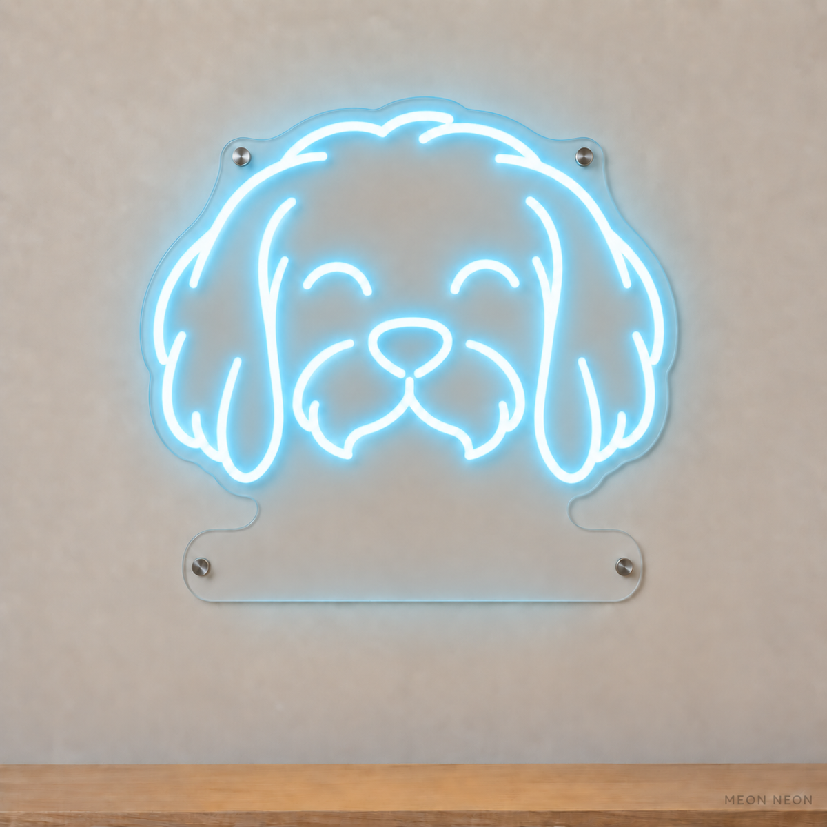 MEON NEON-watermarked concept mockup of a Ice Blue Maltese head LED neon sign with a blank acrylic area for a UV-printed breed caption or dog name.