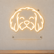 MEON NEON-watermarked concept mockup of a Warm White Maltese head LED neon sign with a blank acrylic area for a UV-printed breed caption or dog name.