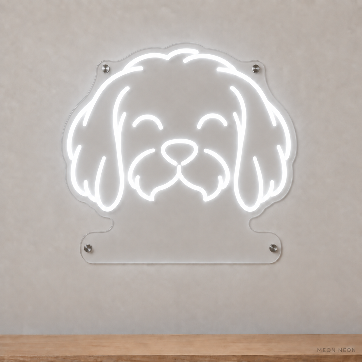 MEON NEON-watermarked concept mockup of a White Maltese head LED neon sign with a blank acrylic area for a UV-printed breed caption or dog name.