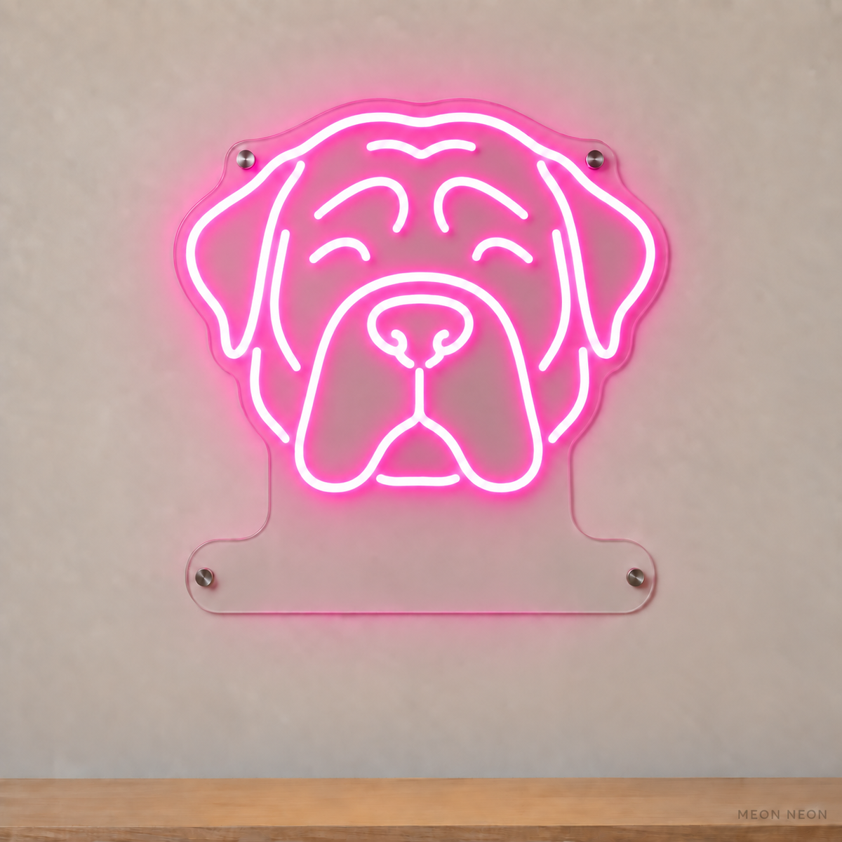 MEON NEON-watermarked concept mockup of a Pink Mastiff head LED neon sign with a blank acrylic area for a UV-printed breed caption or dog name.