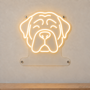 MEON NEON-watermarked concept mockup of a Warm White Mastiff head LED neon sign with a blank acrylic area for a UV-printed breed caption or dog name.