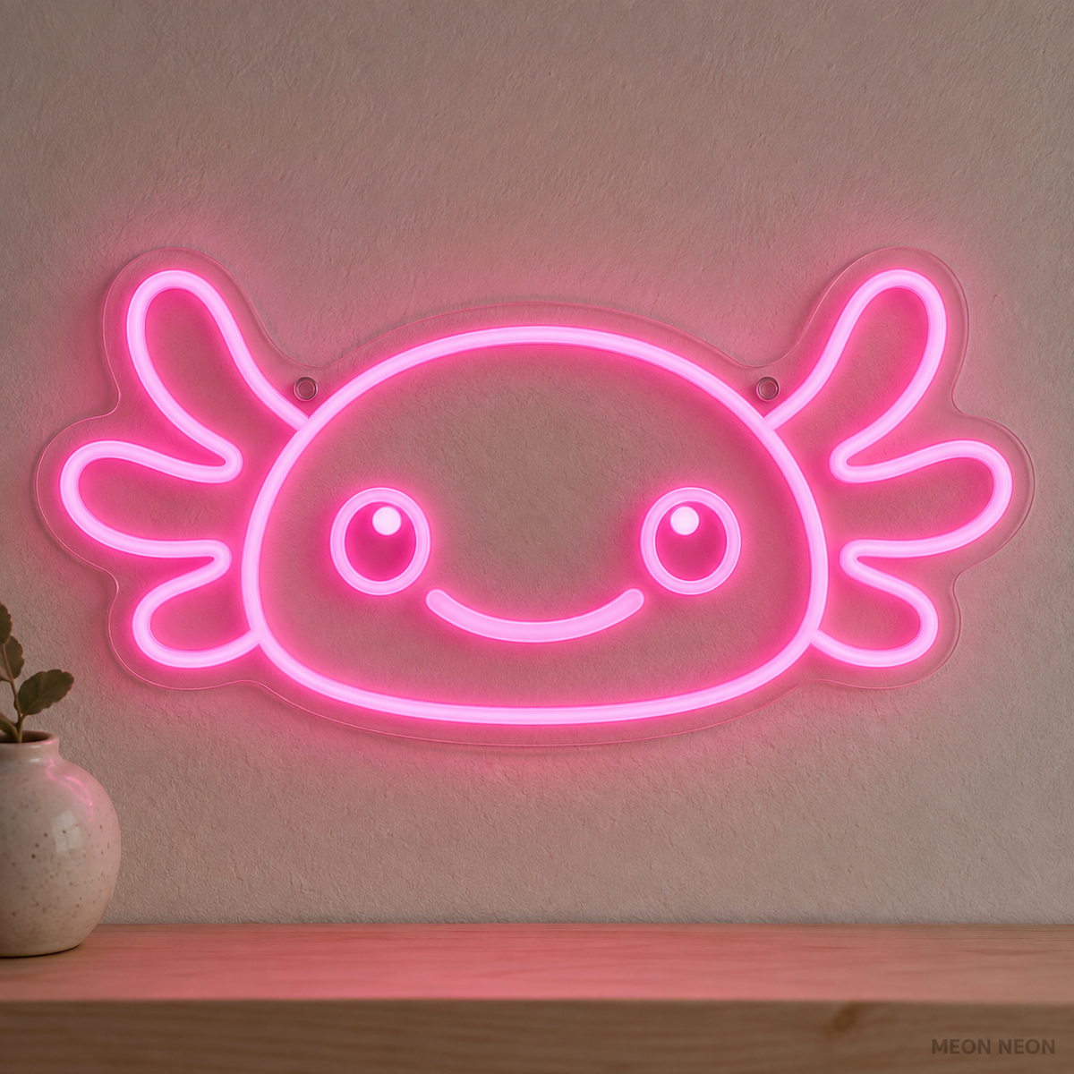 Watermarked concept mockup of Mini Axolotl LED Neon Sign in Pink on a clear acrylic backboard.