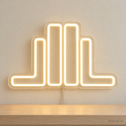 Watermarked concept mockup of Mini Bookends LED Neon Sign in Warm White on a clear acrylic backboard.