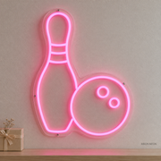 Watermarked concept mockup of the Mini Bowling Pin LED Neon Sign in Pink on a clear acrylic backboard.