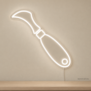 Watermarked concept mockup of Mini Bread Lame LED Neon Sign in White on a clear acrylic backboard.