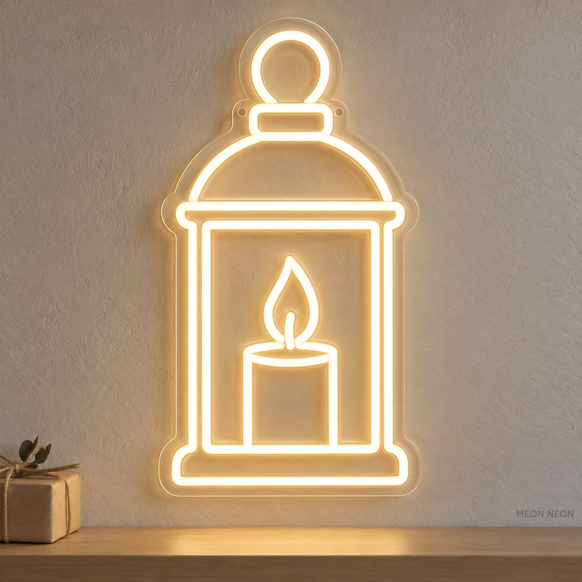 Watermarked concept mockup of the Mini Candle Lantern LED Neon Sign in Warm White on a clear acrylic backboard.