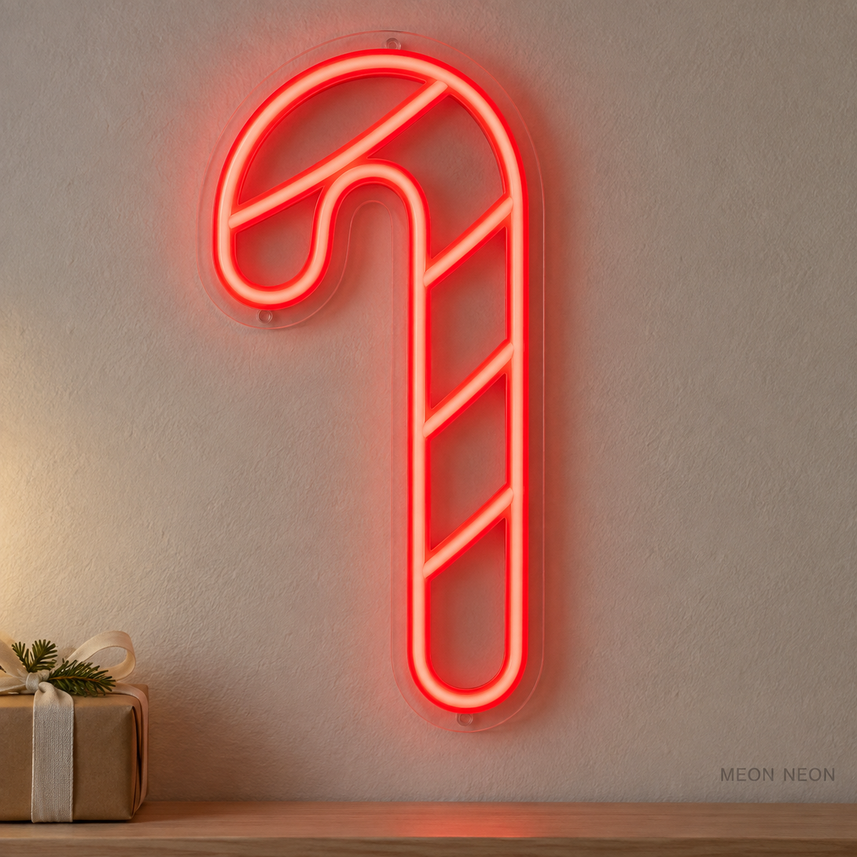 Watermarked concept mockup of the Mini Candy Cane LED Neon Sign in Red on a clear acrylic backboard.