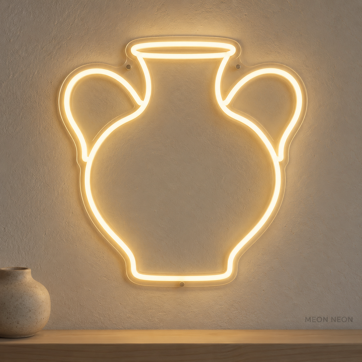 Watermarked concept mockup of Mini Ceramic Vase LED Neon Sign in Warm White on a clear acrylic backboard.