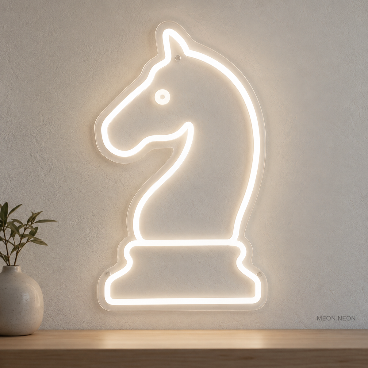 Watermarked concept mockup of Mini Chess Knight LED Neon Sign in White on a clear acrylic backboard.