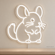 Watermarked concept mockup of Mini Chinchilla LED Neon Sign in White on a clear acrylic backboard.