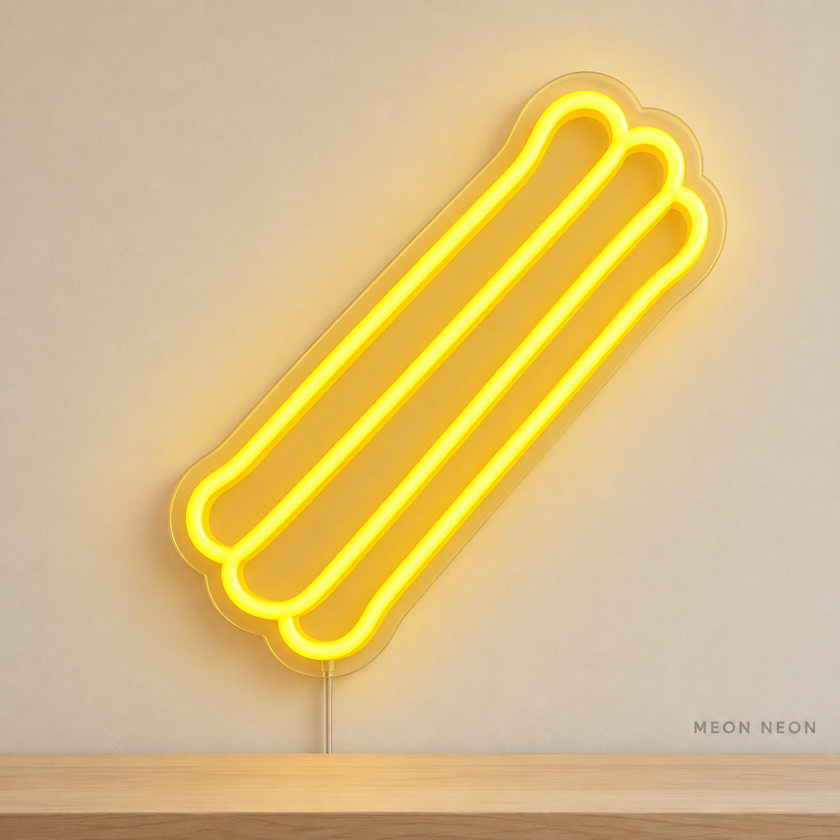 Watermarked concept mockup of Mini Churro LED Neon Sign in Yellow on a clear acrylic backboard.
