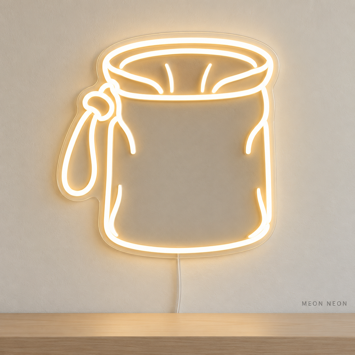 Watermarked concept mockup of Mini Climbing Chalk Bag LED Neon Sign in Warm White on a clear acrylic backboard.