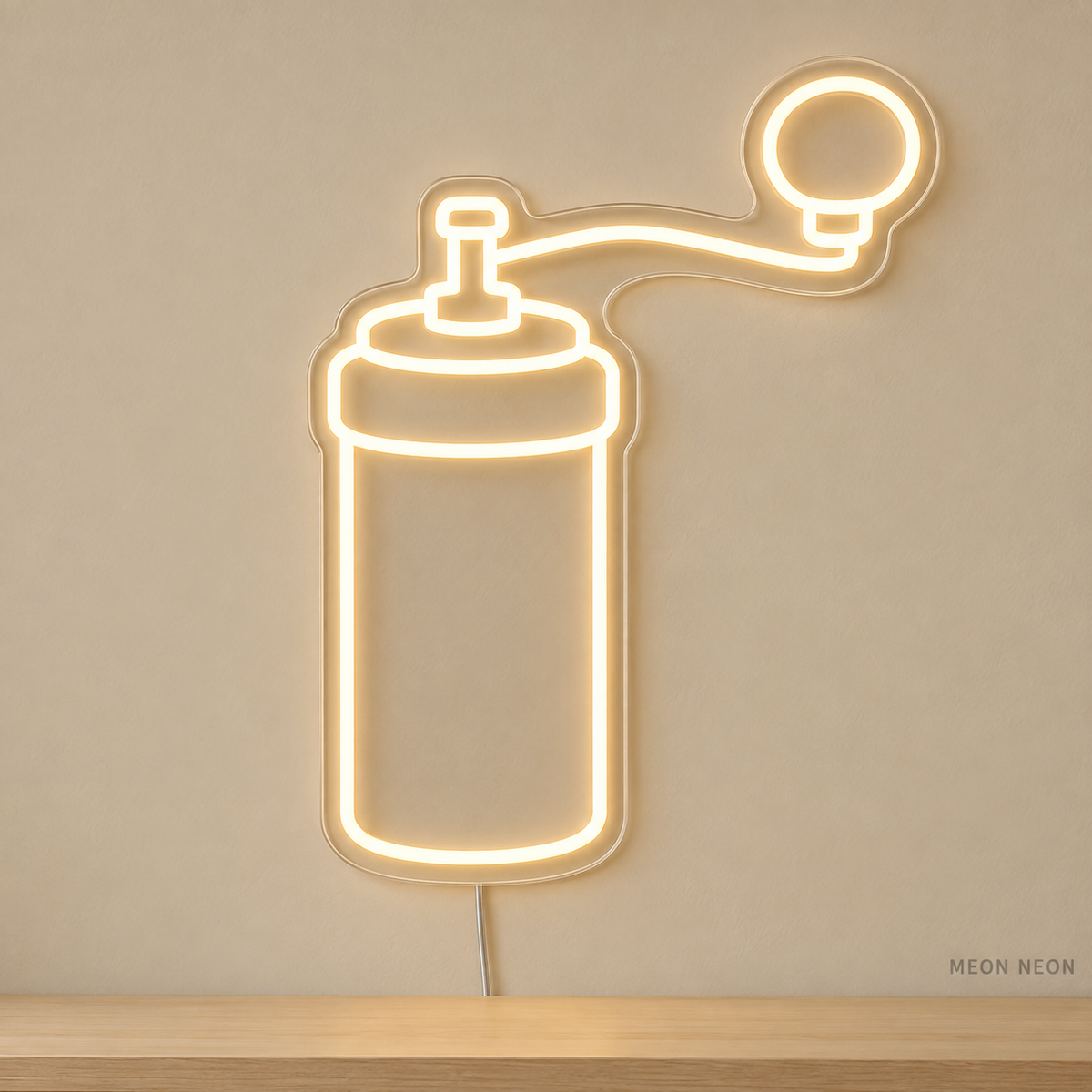Watermarked concept mockup of Mini Coffee Grinder LED Neon Sign in Warm White on a clear acrylic backboard.