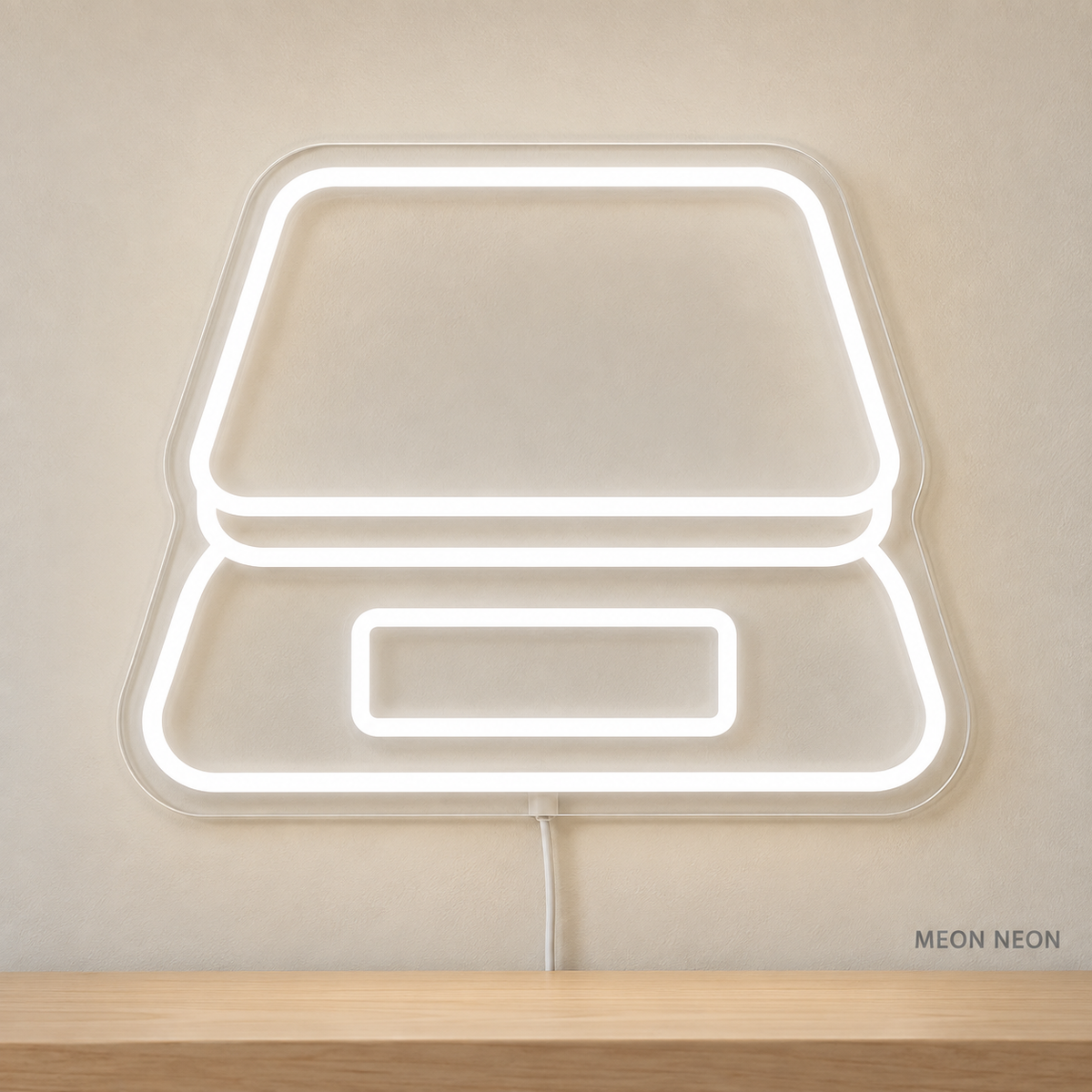 Watermarked concept mockup of Mini Coffee Scale LED Neon Sign in White on a clear acrylic backboard.