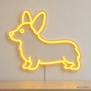 Watermarked concept mockup of Mini Corgi LED Neon Sign in Yellow on a clear acrylic backboard.