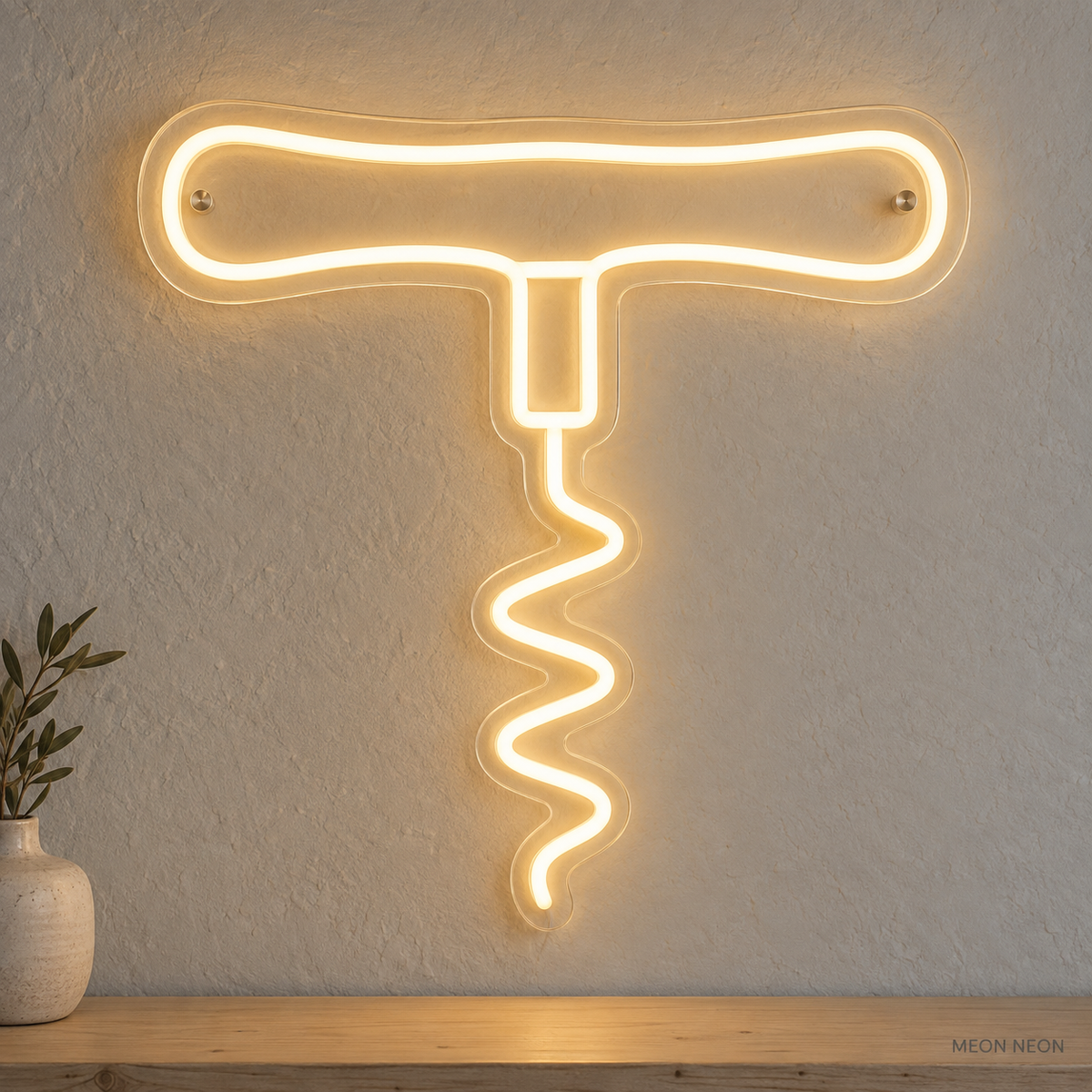 Watermarked concept mockup of Mini Corkscrew LED Neon Sign in Warm White on a clear acrylic backboard.