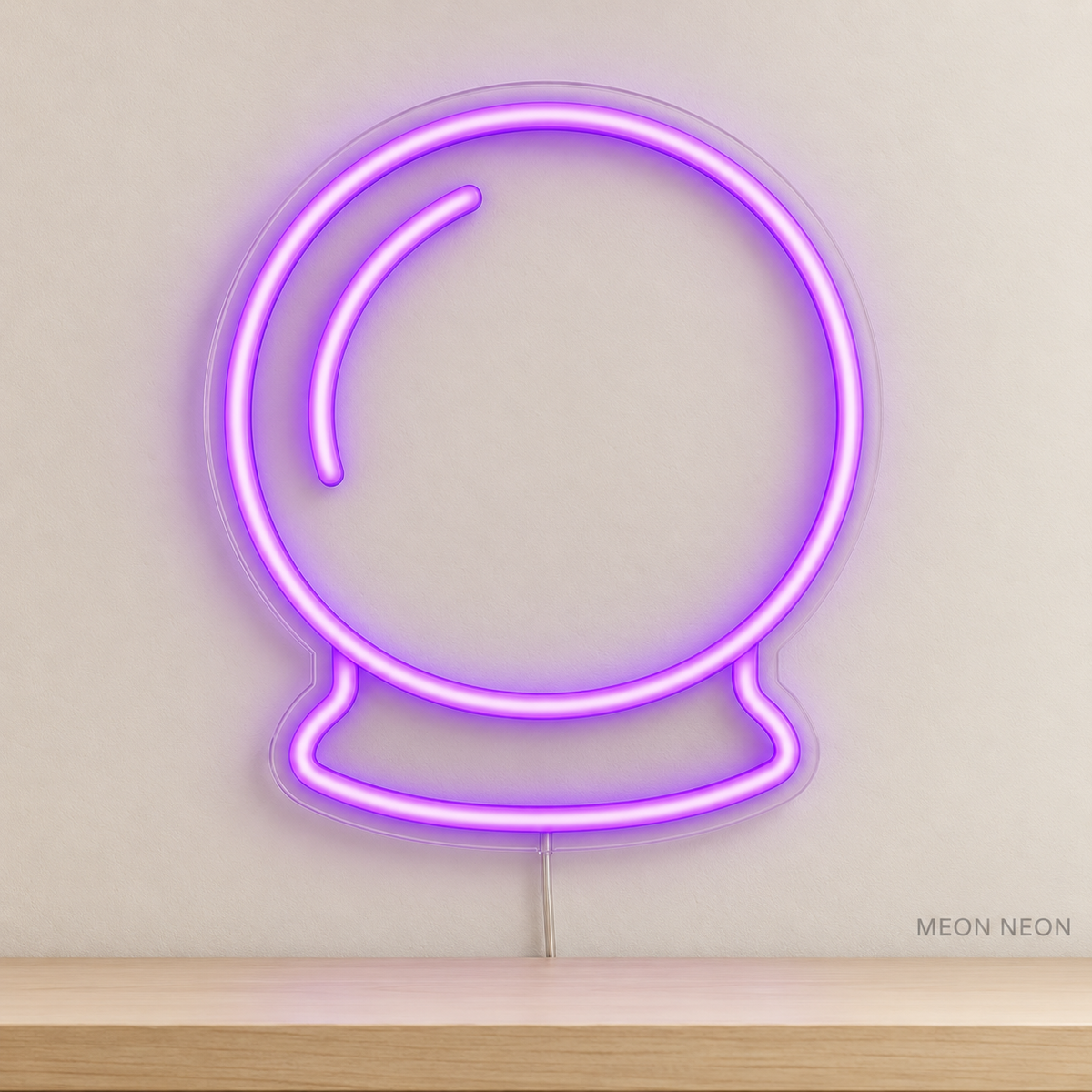 Watermarked concept mockup of Mini Crystal Ball LED Neon Sign in Purple on a clear acrylic backboard.