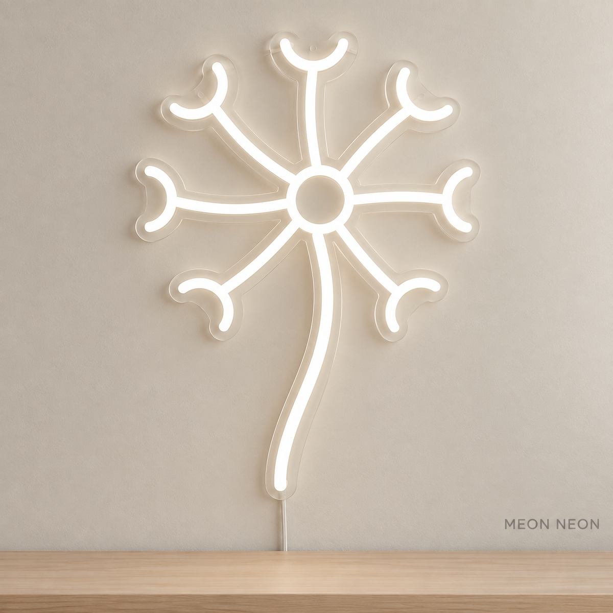 Watermarked concept mockup of Mini Dandelion Puff LED Neon Sign in White on a clear acrylic backboard.
