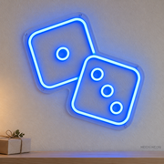 Watermarked concept mockup of the Mini Dice Pair LED Neon Sign in Blue on a clear acrylic backboard.