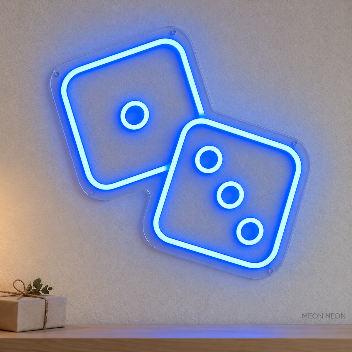 Watermarked concept mockup of the Mini Dice Pair LED Neon Sign in Blue on a clear acrylic backboard.