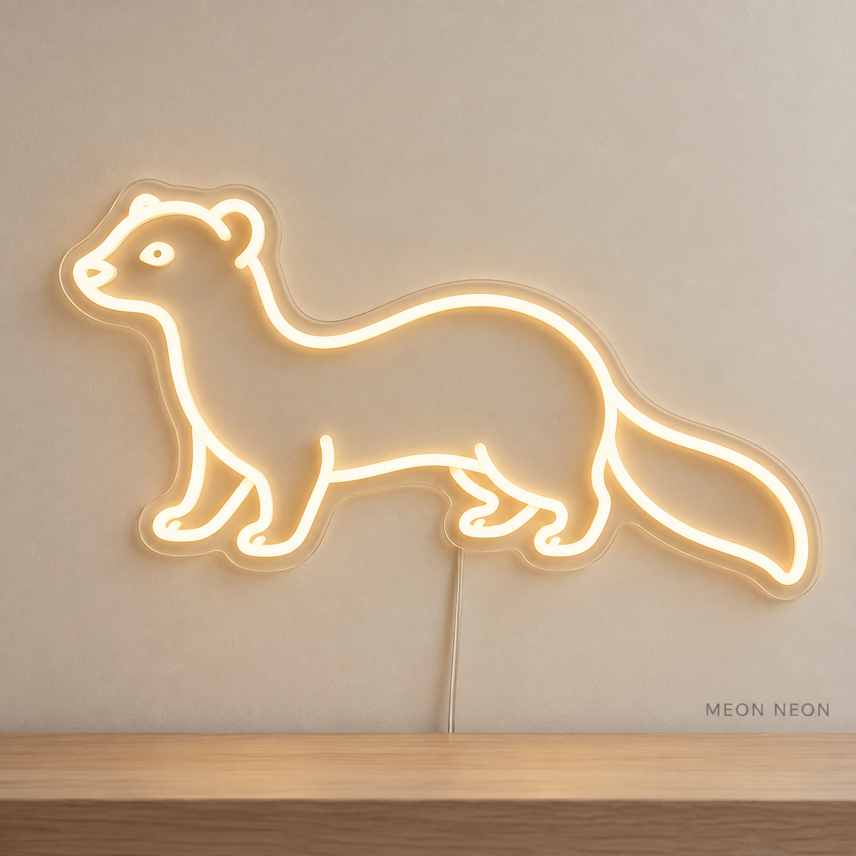 Watermarked concept mockup of Mini Ferret LED Neon Sign in Warm White on a clear acrylic backboard.