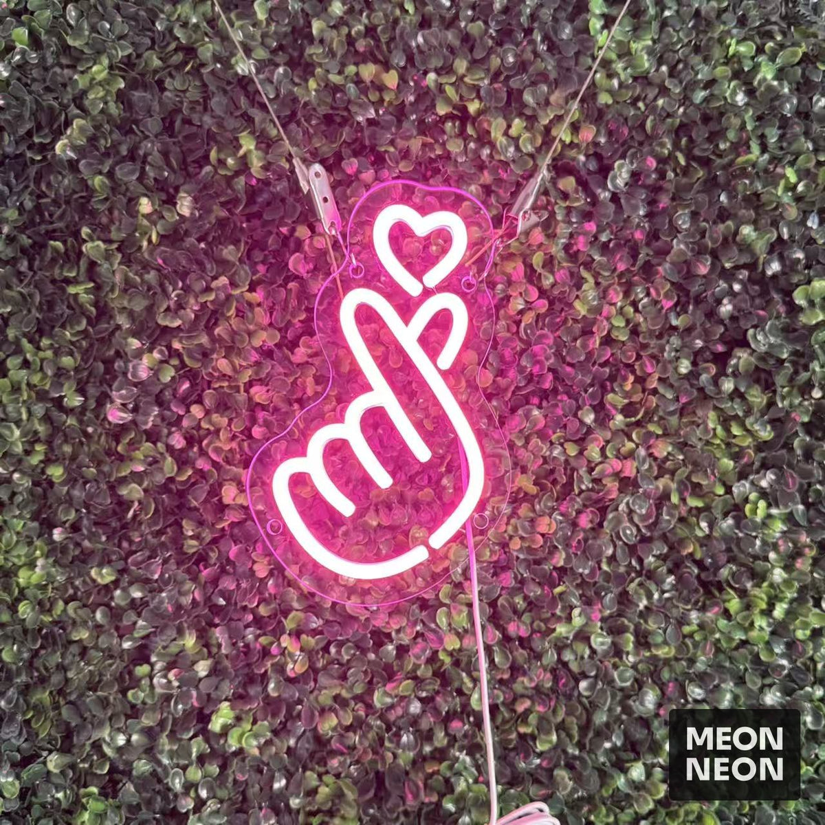 Mini Finger Heart LED Neon Sign, real photo of a finished Meon Neon sign, lit