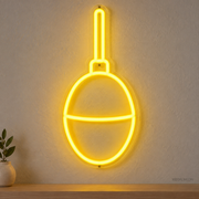 Watermarked concept mockup of Mini Fishing Float LED Neon Sign in Yellow on a clear acrylic backboard.