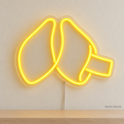 Watermarked concept mockup of Mini Fortune Cookie LED Neon Sign in Yellow on a clear acrylic backboard.